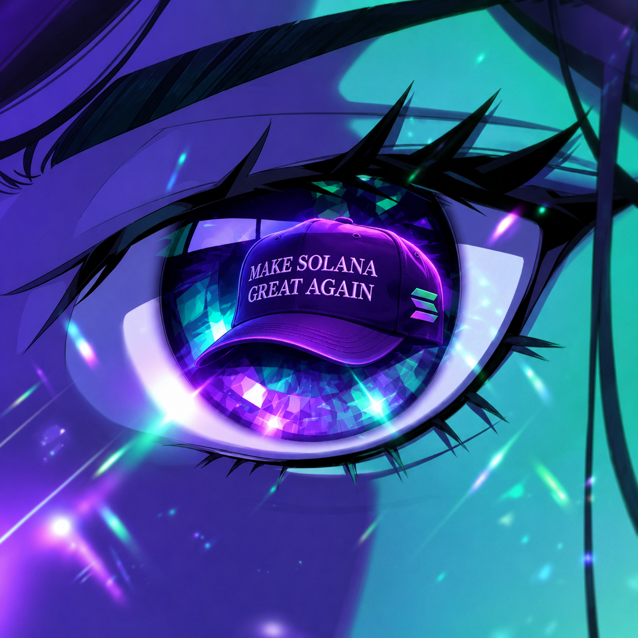 ACTS eye mascot wearing a Make Solana Great Again cap